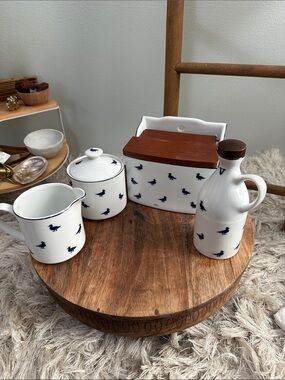 Blue Ducks by Shafford Fine Porcelain Set, Salt Box, Sugar, Creamer & Vinegar
